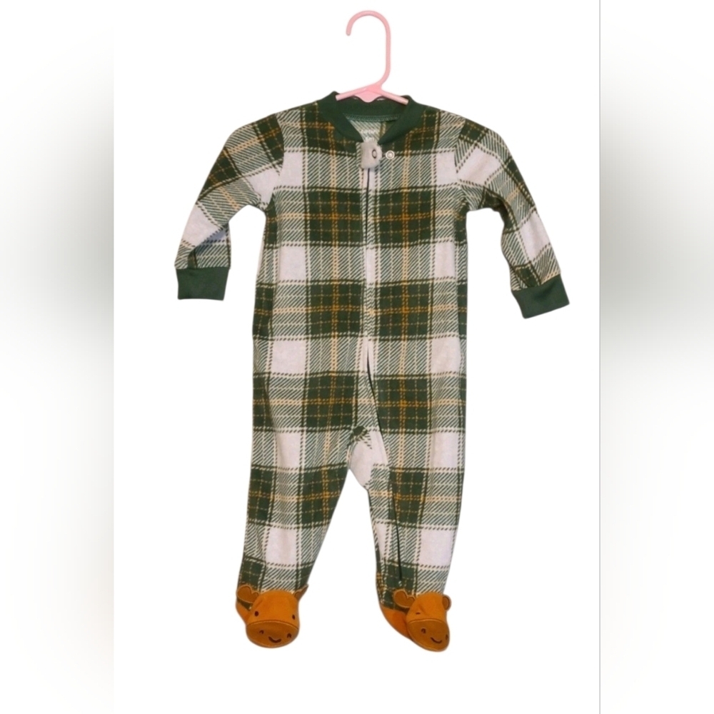 Carters Plaid Green/White Kids 1 Piece Reindeer Footie NWT 6 Months 2 Way Zipper